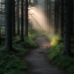 Obraz premium A serene forest path illuminated by soft sunlight breaking through the trees, creating a tranquil atmosphere, Ideal for nature themes, wellness projects, or outdoor adventure promotions,