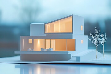 White house model against a blurred blue backdrop, highlighting simplicity in modern home design
