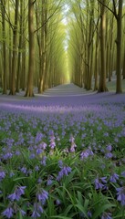 Tranquil forest path lined with blooming bluebells in spring  