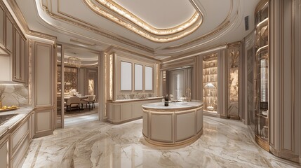 Luxurious Modern Kitchen Interior With Marble Finishes And Elegant Lighting Design