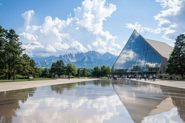 Air force academy chapel reflecting in water under cloudy sky