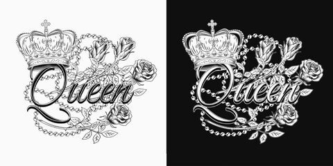 Black and white label with imperial crown, roses, pearl necklace, text Queen. Detailed composition in vintage style.