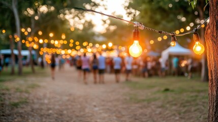 Obraz premium A picturesque outdoor scene featuring string lights illuminating a festive gathering in a park, Ideal for marketing events, outdoor dining, or creating a warm