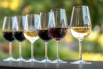Wine tasting event sommelier luxury Glasses of red and white wine arranged elegantly on a table.