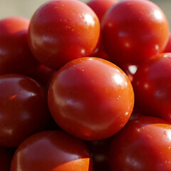 Close-up tomat ceri merah segar. Tekstur halus dengan tetesan air, ideal untuk ilustrasi makanan sehat.