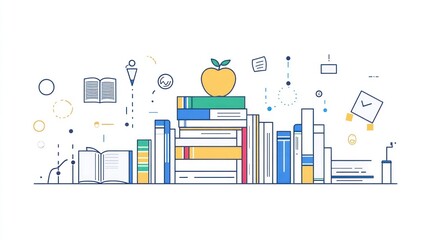 Stack of books, apple, education concept; background icons; website banner