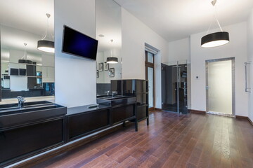 Stylish bathroom interior with black furniture, mirrors and a shower cabin behind a glass partition.