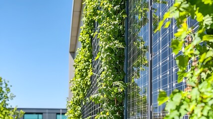 Modern Building Facade Covered in Green Ivy with Sunlight Reflection Under Clear Blue Sky
