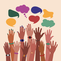 Fototapeta premium Group of diverse multiracial hands raised up and speech bubbles. Communication, opinions and idea exchange. Hand drawn vector vector illustration isolated on light background, flat cartoon style.