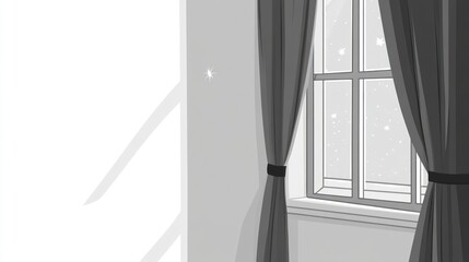 Night window view, snow, room, curtains, shadows, interior design, peaceful scene, website background