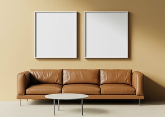 Two blank frames above brown leather sofa and round coffee table in minimal room.