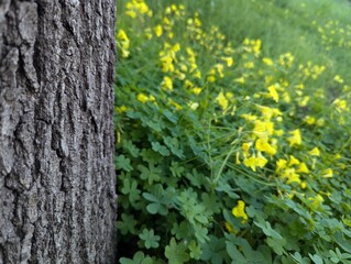 a tree in a field of yellow wildflowers