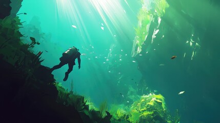 Diver Exploring Lush Underwater Landscape with Sunlight Rays