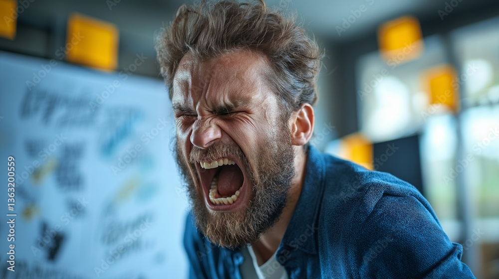 Poster a man with a beard expresses his frustration in a contemporary office filled with colorful notes and