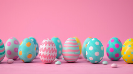 Fototapeta premium Colorful eggs with polka dots and stripes arranged in a row on a pink background for festive spring celebration