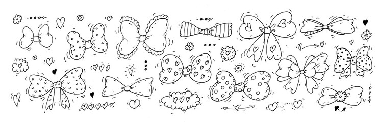  A set of hand-drawn bows and ribbons in doodle style isolated on white background. For decorative designs, greeting cards, scrapbooking, vector illustrations. Black , white sketch with cute heart det