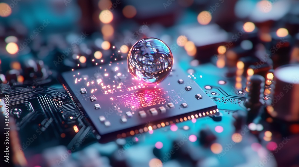 Poster microchip with reflective sphere shows intricate technology and electronic components in a dynamic s