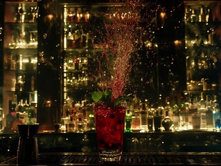 A vibrant cocktail splash with ice and refreshing mint garnish