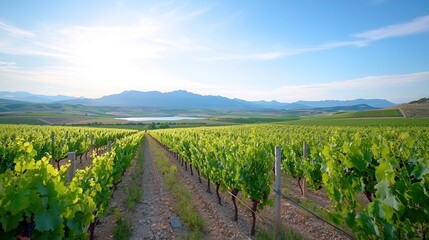 Naklejka premium Wine tasting event sommelier luxury Vast vineyard landscape under a bright blue sky.
