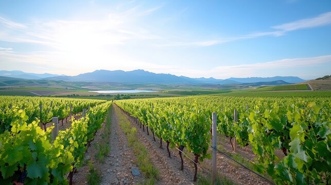 Wine tasting event sommelier luxury Vast vineyard landscape under a bright blue sky.