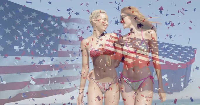 Women in bikinis holding American flag with animation of confetti overlay