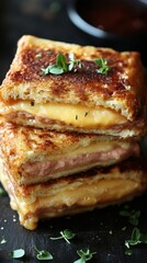 Delicious toasted sandwich with melted cheese and ham on dark background culinary photography style for food blog and restaurant menu