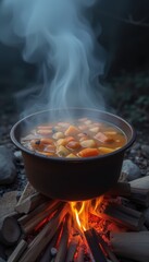 Campfire Cooking Pot with Steaming Vegetable Soup  