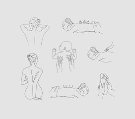 Massage position woman back, acupuncture, vacuum, foot and baby drawing in linear style with black on grey background