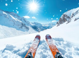 Skiing Adventure Pov on Snowy Mountain Slope with Sunny Blue Sky