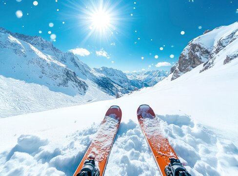 Skiing Adventure Pov on Snowy Mountain Slope with Sunny Blue Sky
