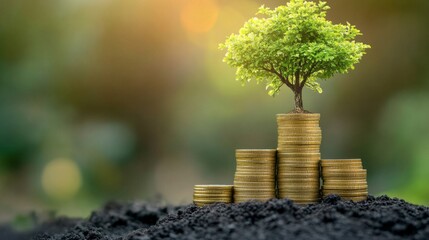Golden coins stacked in increasing order with a small tree growing from the top, symbolizing financial growth generative ai