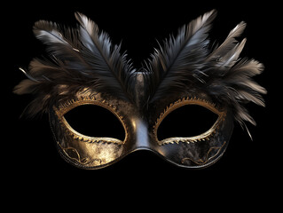 Feathered masquerade mask with gold accents and black plumage, 3D render