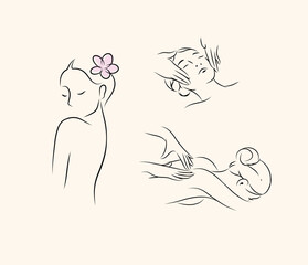 Woman silhouette on back and face massage drawing in minimalist style on beige color background