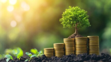Golden coins stacked in increasing order with a small tree growing from the top, symbolizing financial growth generative ai