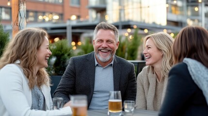Outdoor happy friends enjoying drinks