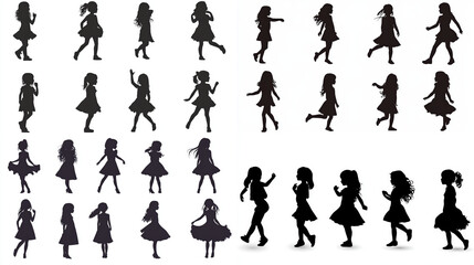 Silhouettes of Girls in Various Poses Standing and Walking Together
