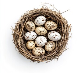 Obraz premium Speckled Bird Eggs in Natural Nest Top View on White