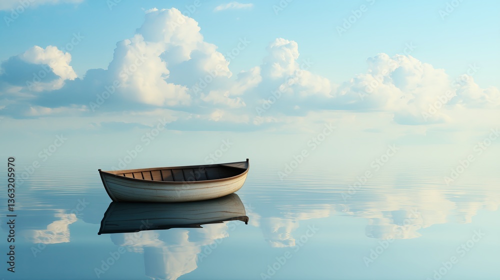 Poster a small wooden boat floating in an infinite sky instead of water.