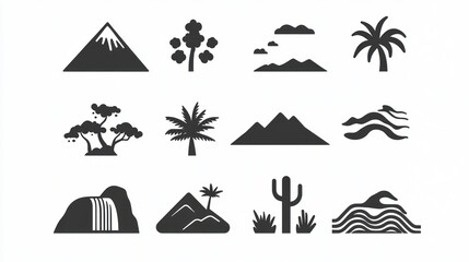 Obraz premium Nature icons mountains, trees, plants, water, for website design