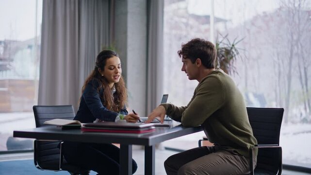 Real estate agent consultation for client shaking hands panoramic meeting room