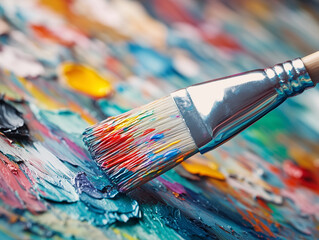 Fototapeta premium Wet paintbrush gliding across blue and red strokes