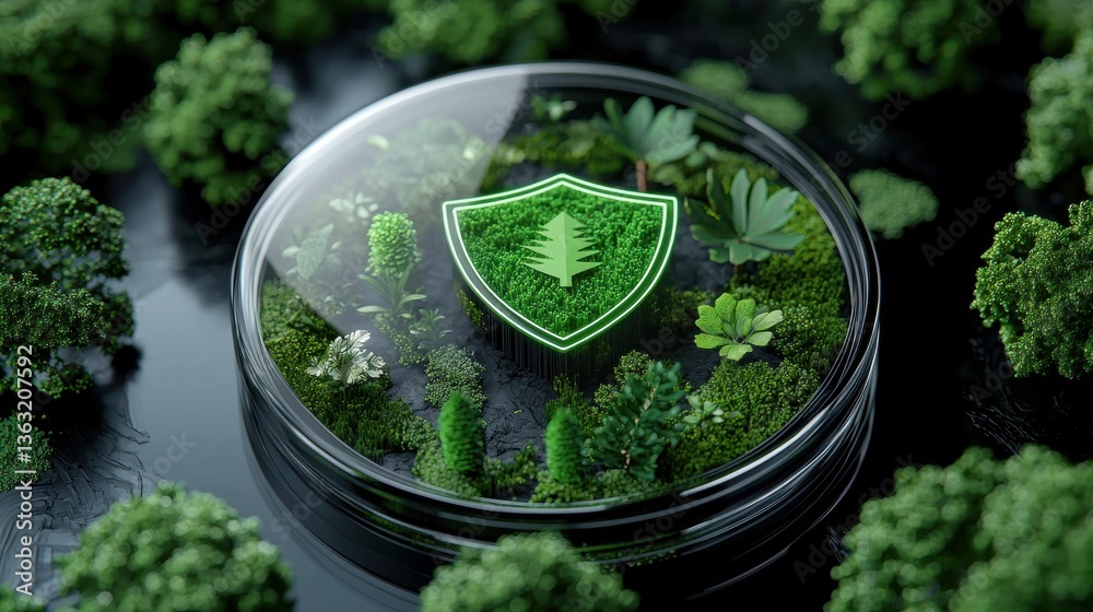 Poster a glass container with a green plant and a tree on it
