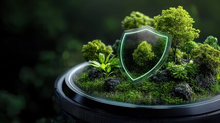 A green shield with a tree on it sits on a rock