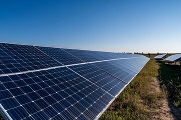 Solar panels array under a clear blue sky