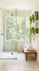 Fototapeta premium Modern bathroom interior with large window and greenery, ideal for background