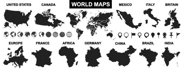 World map with countries, world maps and globes with pins © dlyastokiv