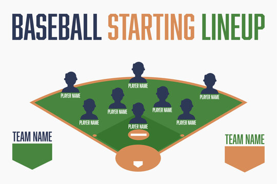 Baseball starting lineup showing player positions on the field, with spaces for team names and player names. Vector illustration.
