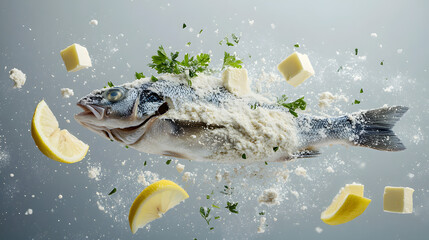 Fresh Fish Ingredients Surrounded by Butter, Herbs, and Lemons Floating in Mid Air for Culinary Showcase