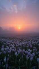Naklejka premium Misty Sunrise Over Tulip Field 
