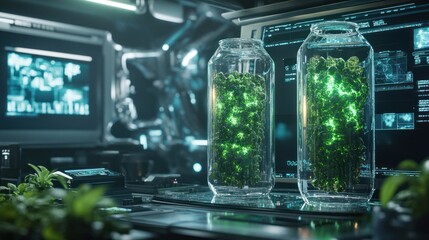 Fototapeta premium Futuristic lab with glowing plants in glass jars.